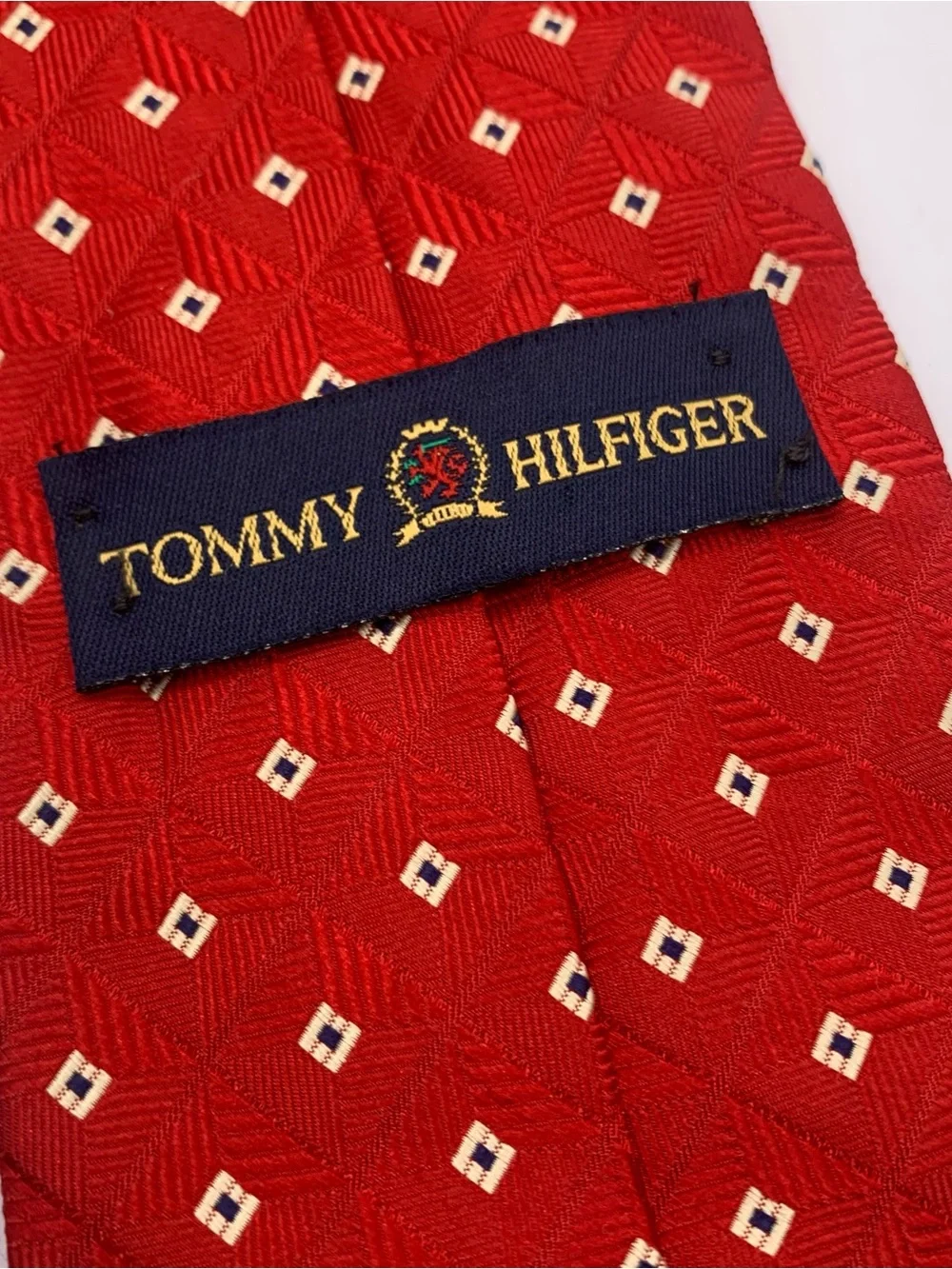 Tommy Hilfiger Red Silk Tie with Cream Geometric Motif and Navy Tip